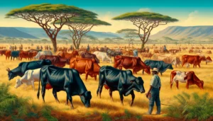African Black Angus, Hereford, and Simmental Breeder Association- A vivid and detailed wide aspect illustration depicting the African Black Angus, Hereford, and Simmental Breeder Association