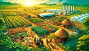 African Farm and Ranch Foundation - A vivid and detailed wide aspect illustration depicting the African Farm and Ranch Foundation. The scene shows a vibrant, expansive farm in Africa wit (1)